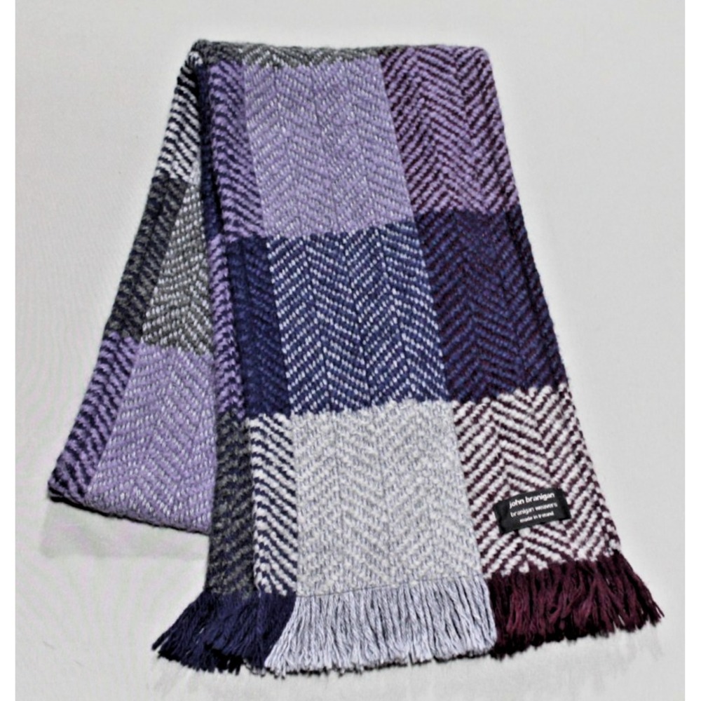 John Branigan Wool Scarf Made in Ireland Plaid Fringe Purple Gray Burgundy